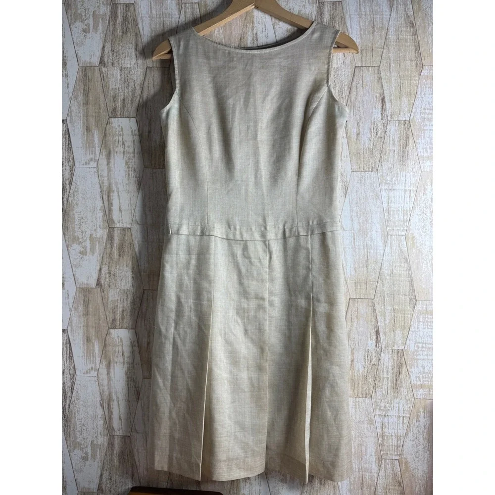 Vintage‎ KEITH Beige Linen Blend Sleeveless Pleated Sheath Dress Button Back